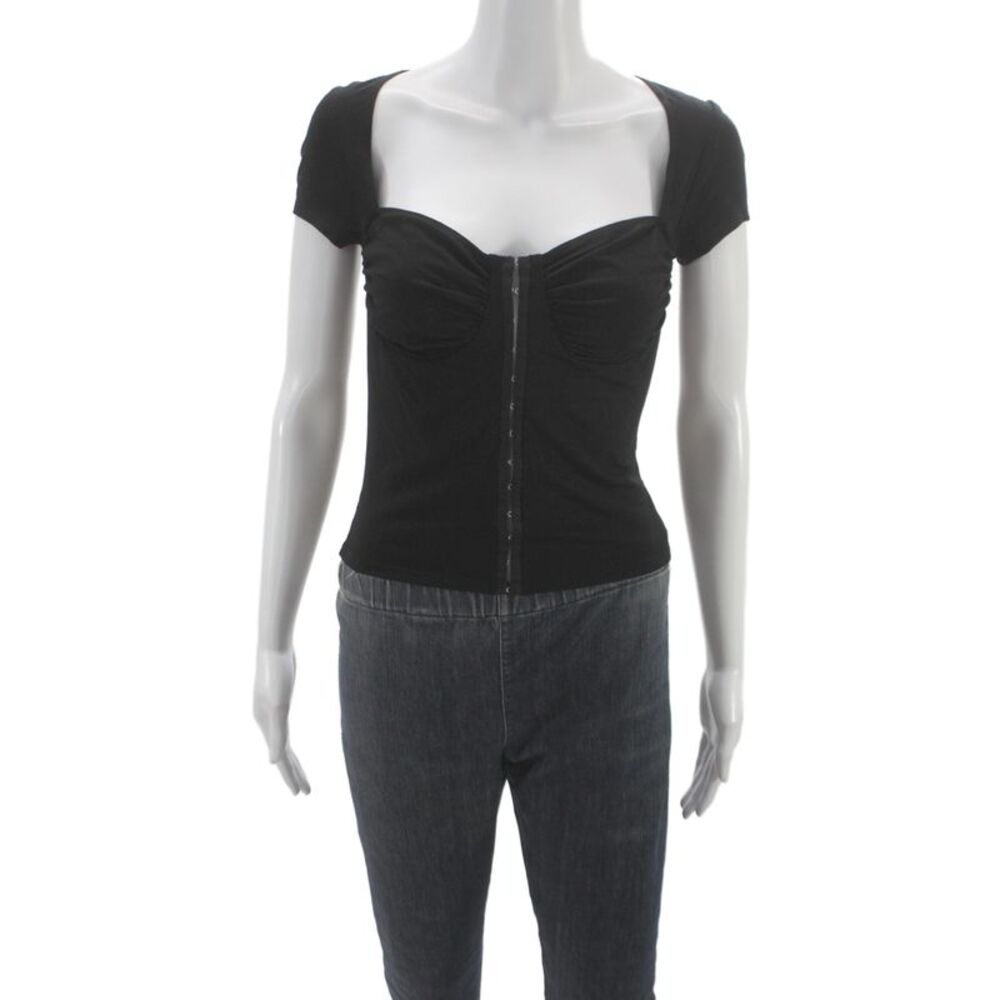 Reformation Women Cropped Jersey Square Neck Black Short Sleeve Top Size M
